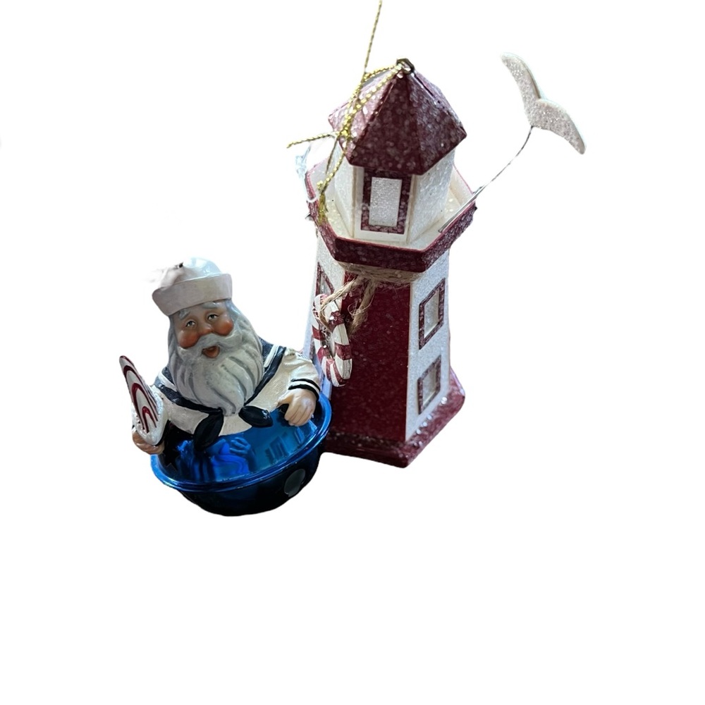 Christmas Ornaments 2 Nautical themed Santa Bell and Lighthouse
